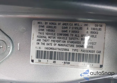2007 Honda Accord 2.4 Lx from USA, damaged, VIN 1HGCM56477A025864